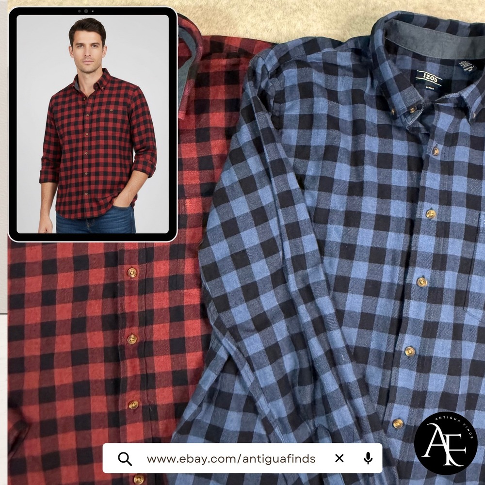2 SHIRT LOT, IZOD Men's Shirts XLT Slim-Fit Fannel Plaid Button-Down Long-Sleeve